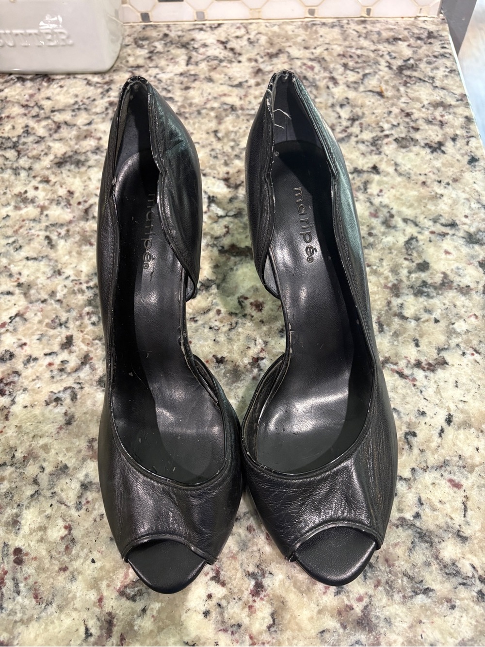 Maripe Black Leather Peep-Toe Heels